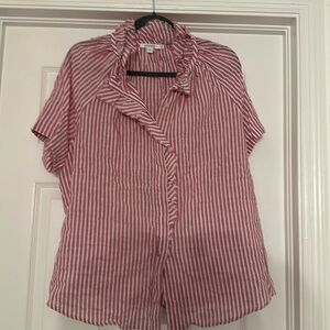 CHICOS reddish white striped top button down ruffles short sleeve size 3.5
